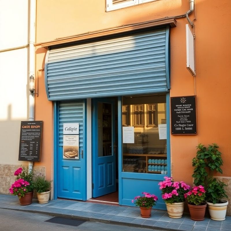 Fachada del taller en el Carrer dels Geranis con persiana azul mediterráneo