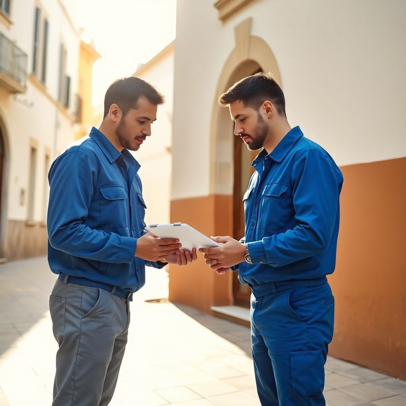 Dos técnicos de Mediterráneo Taller revisando un albarán frente a un edificio en Palma