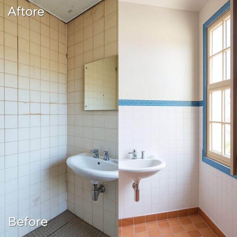 Antes y después de una pared de baño renovada por Mediterráneo Taller